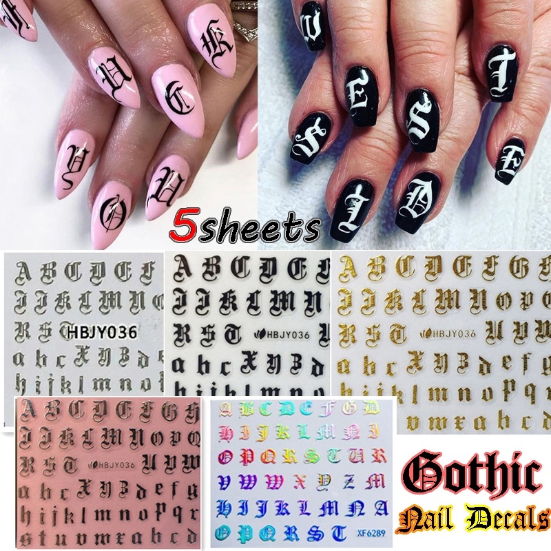 5pcs Mixed Random Nail Art 3d Decal Stickers Alphabet Letters White Black Gold Laser Acrylic Nails Shopee Malaysia