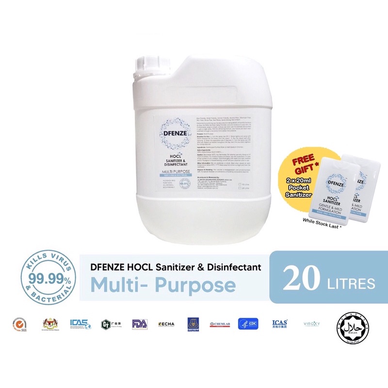 Dfenze HOCL Sanitizer & Disinfectant 20 Litre + Free 2 x 20ml Dfenze ...