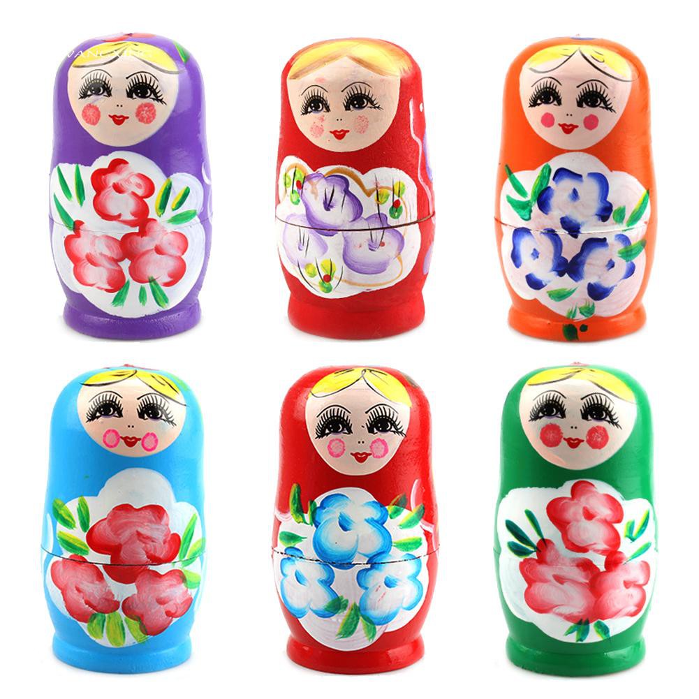 WX_5Pcs Novelty Cartoon Girl Russian Wooden Nesting Dolls Hand Painted Matryoshka