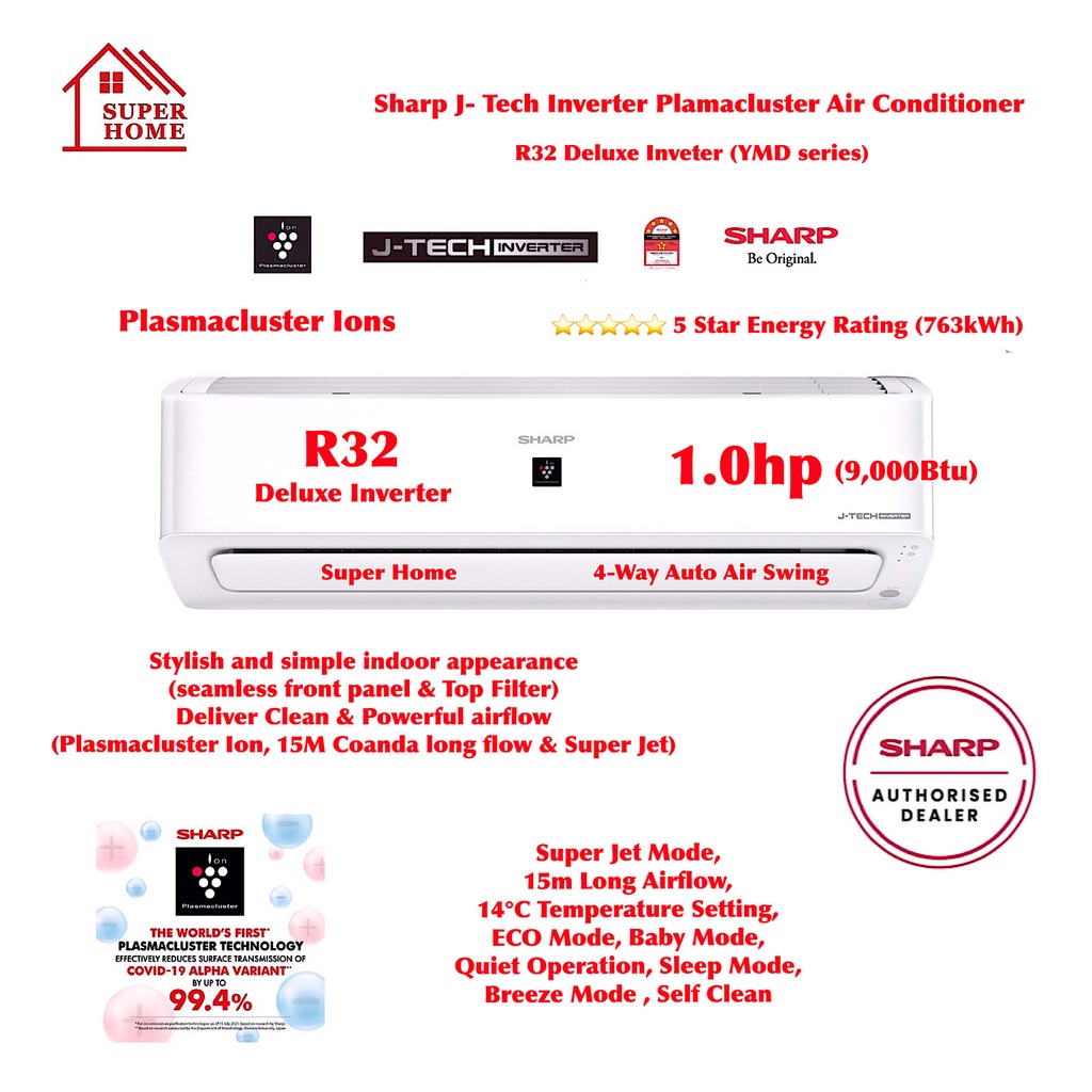 Sharp JTech 1.0hp Inverter Aircond Plasmacluster ions AHXP10YMD