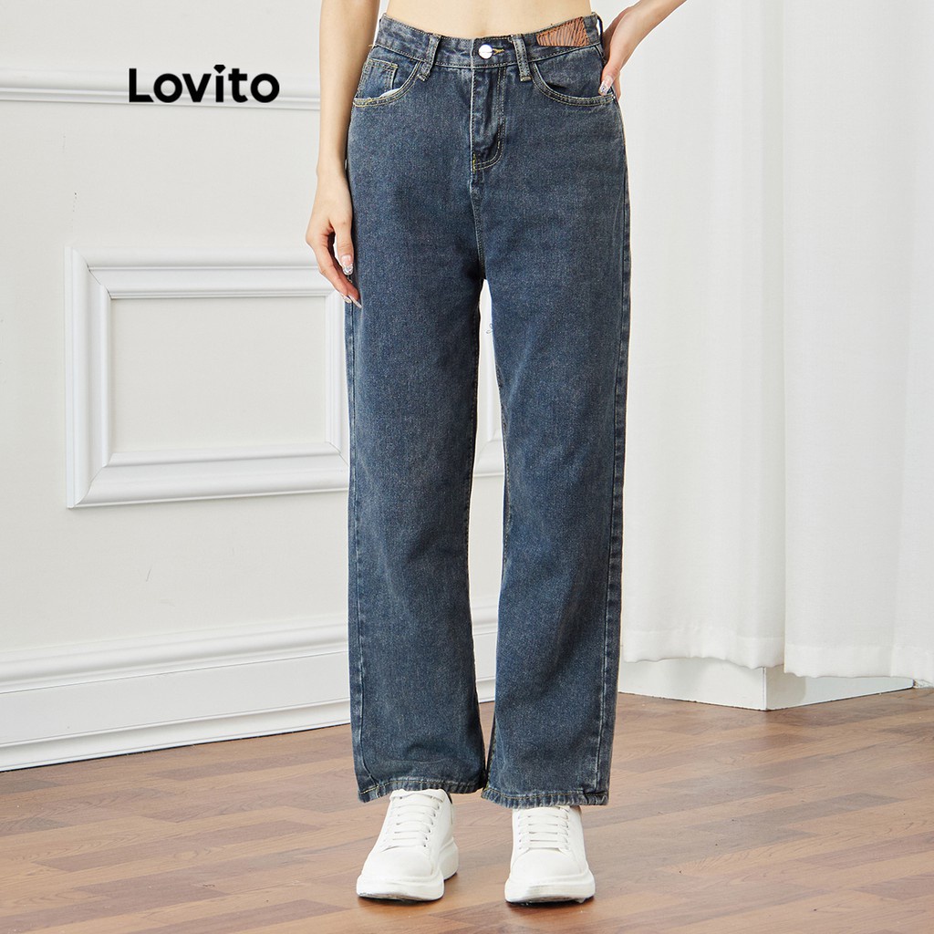 Lovito Casual Plain  Wash Basic Wide Leg Jean Palazzo L15X136 (Gray Blue)