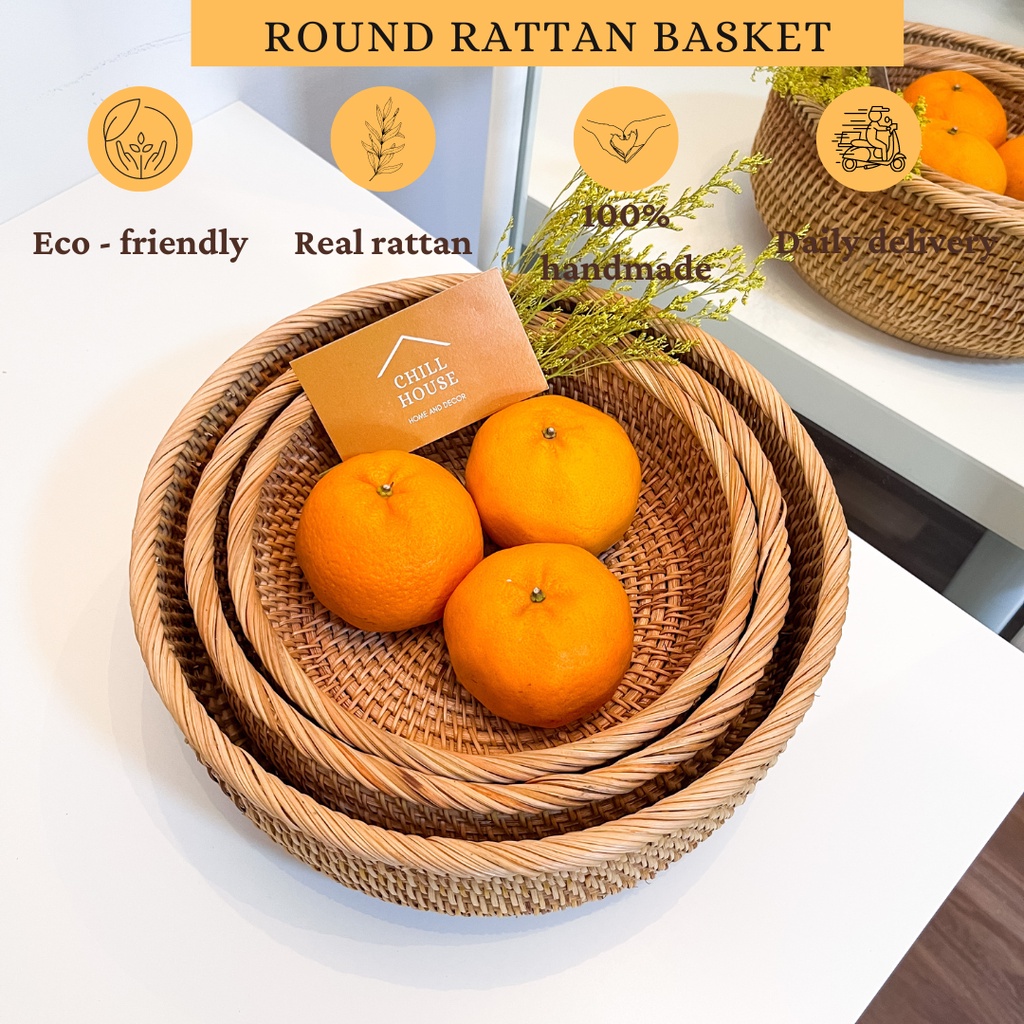 Handwoven Rattan Fruit Basket by CHILLHOUSE – Rustic Round Basket for Housewarming Gifts