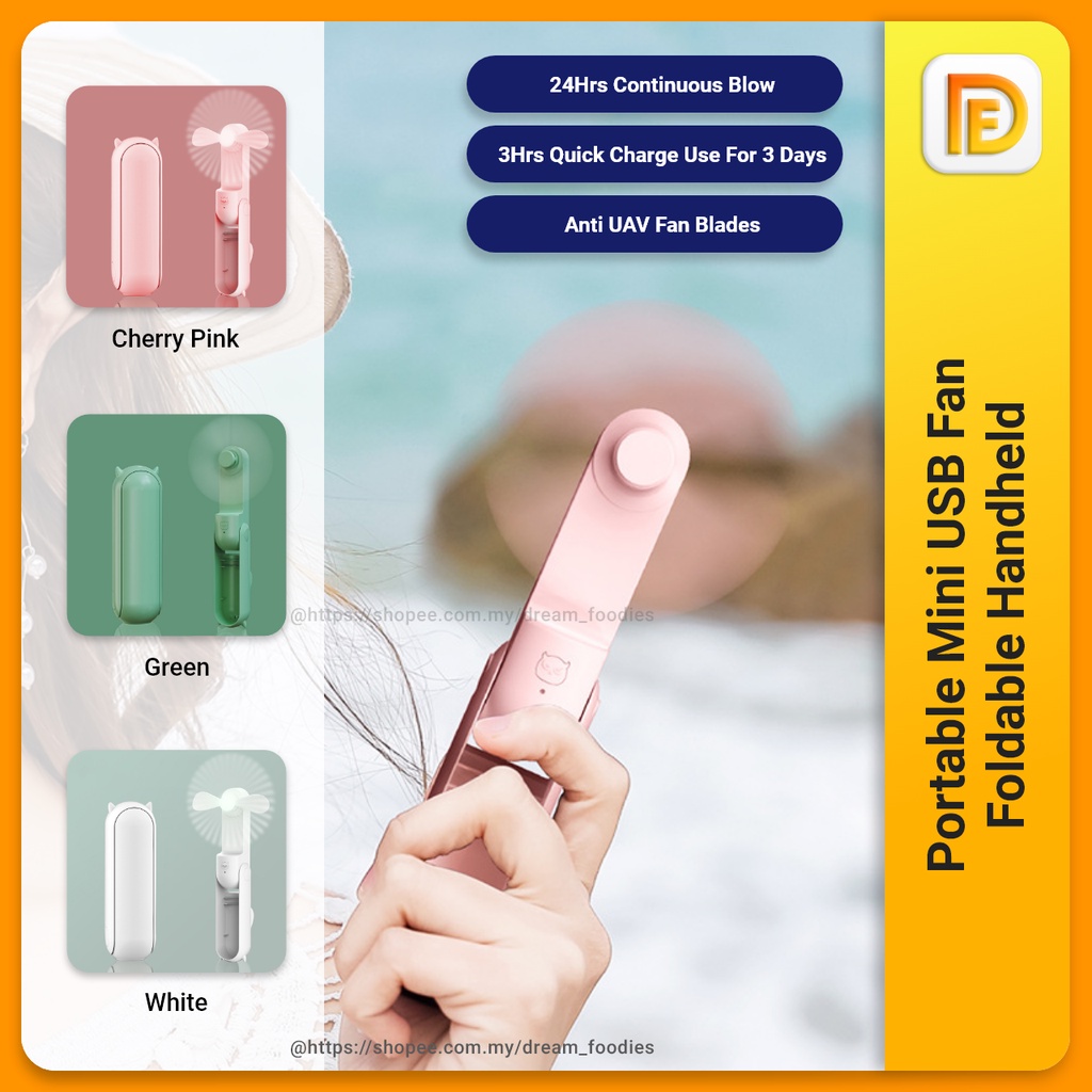 USB Mini Fan & Power Bank Multifunctional Portable Handheld Foldable 2000mAH (Pink/White/Green) Kipas 迷你风扇充电宝