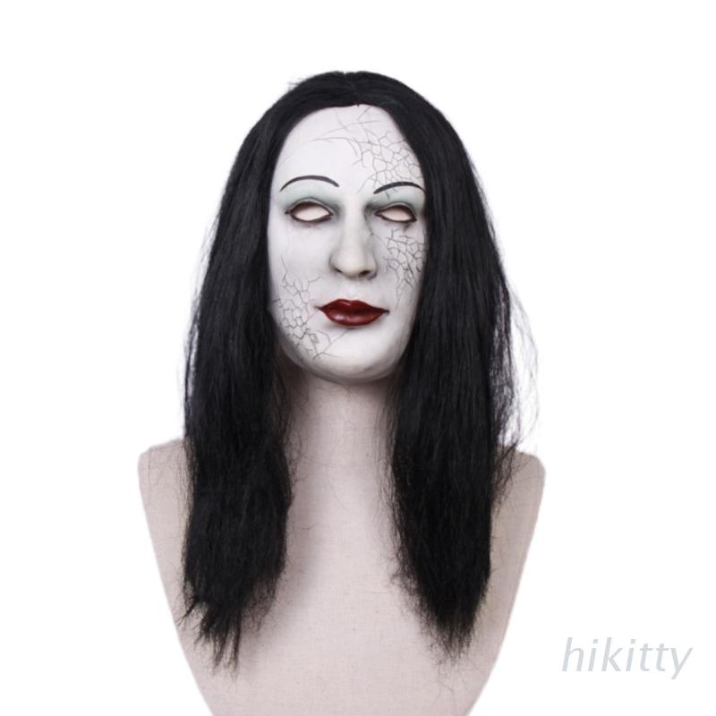 HIK Realistic Latex Female Ghost Mask Long Hair Face Cover Halloween Haunted House Headwear Masquerade Cosplay Party Scary Props