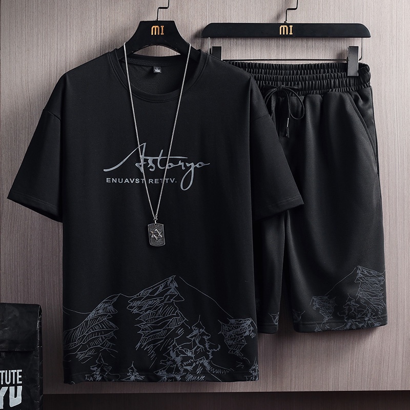 ?READY STOCK M-5XL? Fashion Casual Sport Set Summer T-shirt Men Shorts Set Clothing Two Piece Sets Men