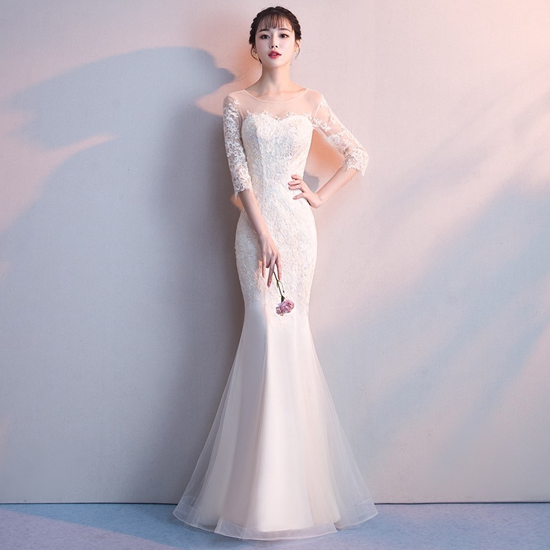 White banquet evening dress fishtail Slim maxi dress annual host evening gown birthday party dress bridal wedding dress concert dress piano performance dress