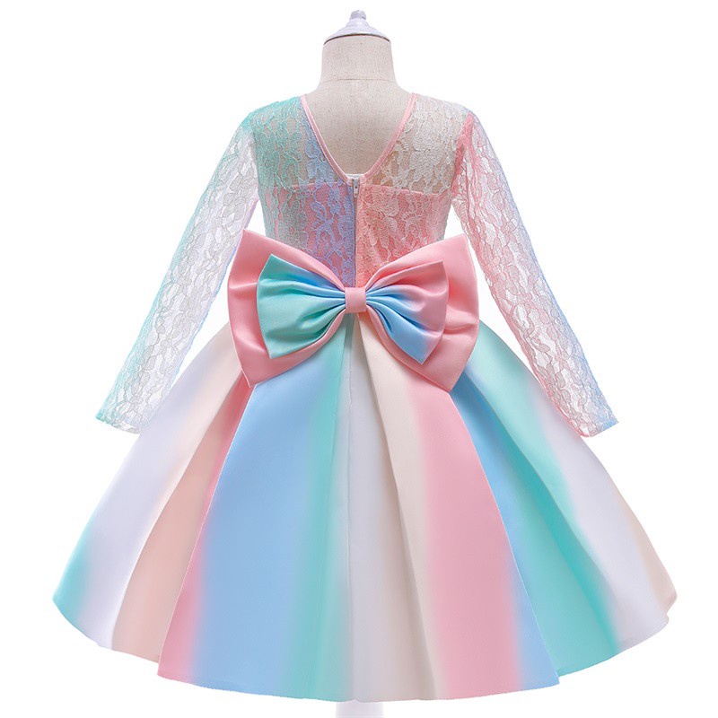 Children Lace Bow Rainbow Colorful Long Sleeve Tutu Princess Birthday Party Prom Wedding Bridesmaid Evening Infant Summer Dress Ball Gown Baby Girls Clothes 3-10 Years