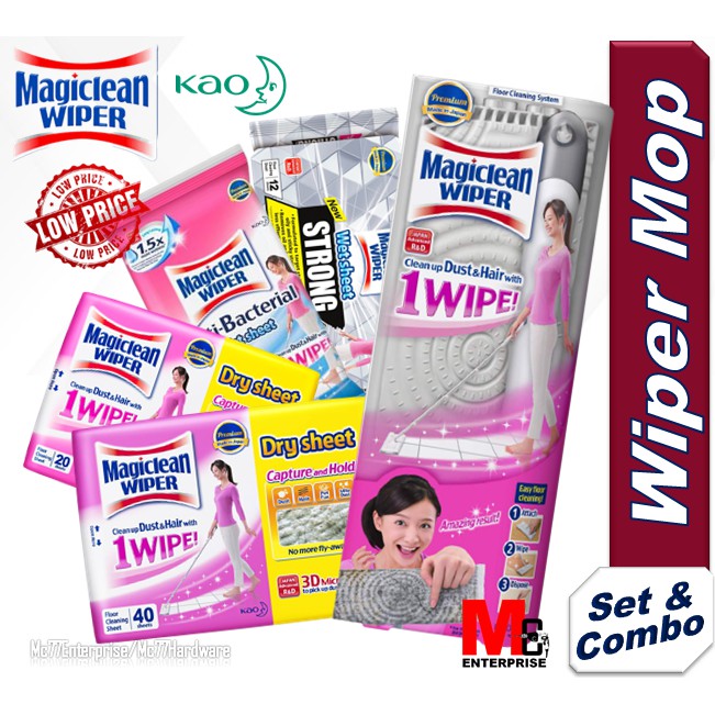 Magiclean Wiper Mop Stick Set + Refill 40's dry sheet + 8's wet sheet combo Japan technology