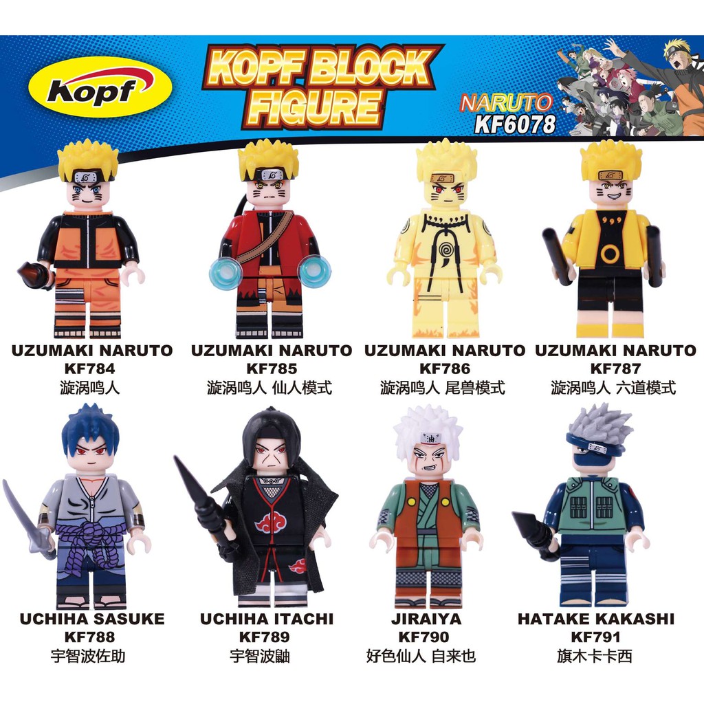 8Pcs Naruto Serie Sasuke Kakashi Minifigure Building Blocks Fit Lego Kinder Gift 