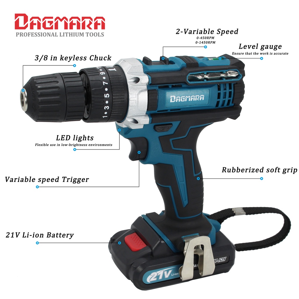 Dagmara Cordless Impact Drill Screwdriver 2 Battery Hammer Drill 3 Mode ...