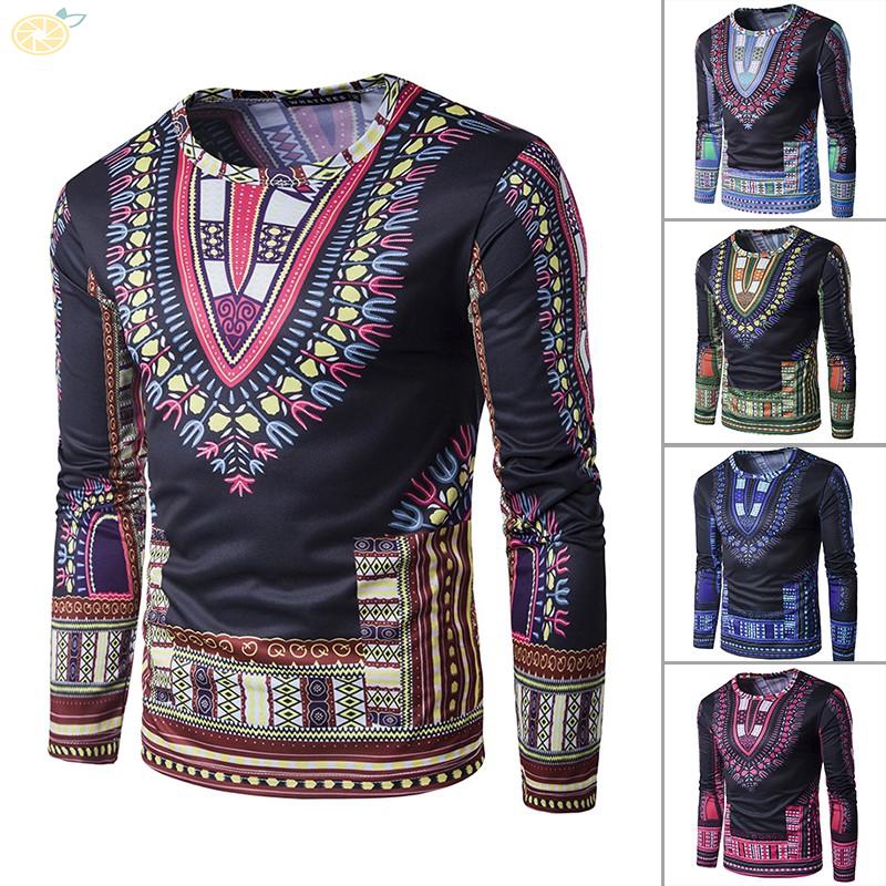 Fashion Mens Dashiki Printed African Long Sleeve Tops Tribal Hippie T-shirt Tops