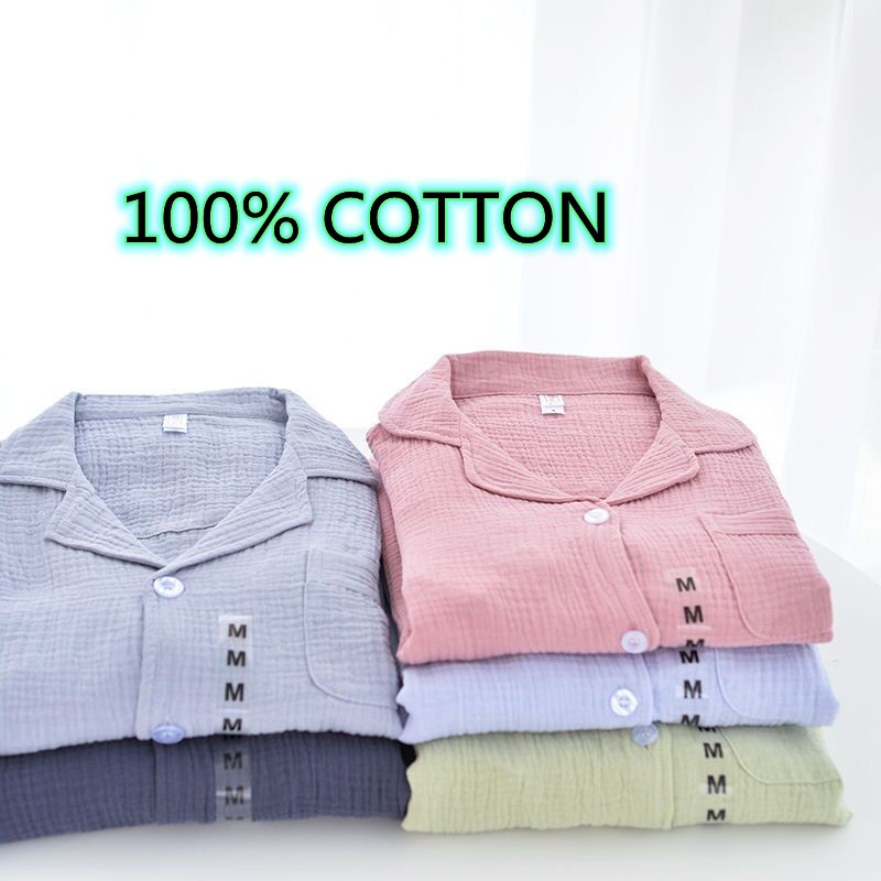 [Ready stock ]Women & Men 100% Cotton Crepe  Long Sleeve trousers  Pajama Set couple pajamas Baju tidur wanita Pyjamas nightwear Solid ColorJapanese & Korean Pajamas sleepwear couple Pijamas
