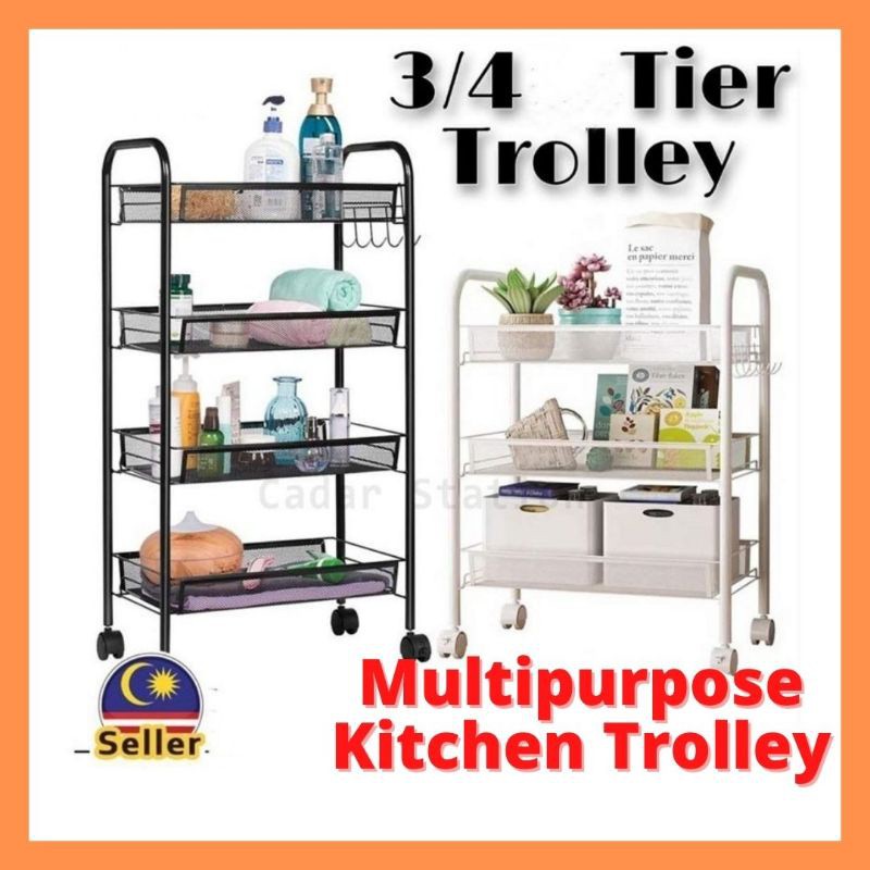 Buy Movable Stainless Steel Kitchen Tier Rack Wheel 3 4 Tier Rak Susun Barang Dapur Besi Beroda Serbaguna 3 4 Tingkat Seetracker Malaysia