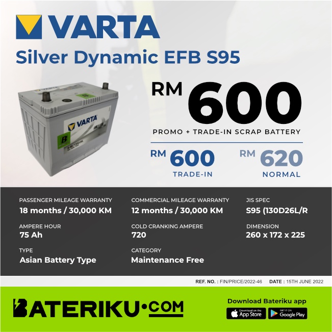 S95 130D26L Varta Silver Dynamic EFB Bateri Kereta Car