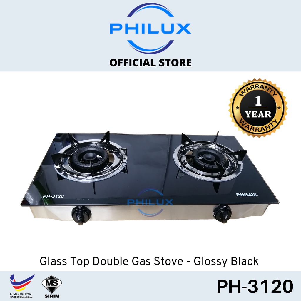 Philux Glass Top Double Gas Stove - Glossy Black PH-3120