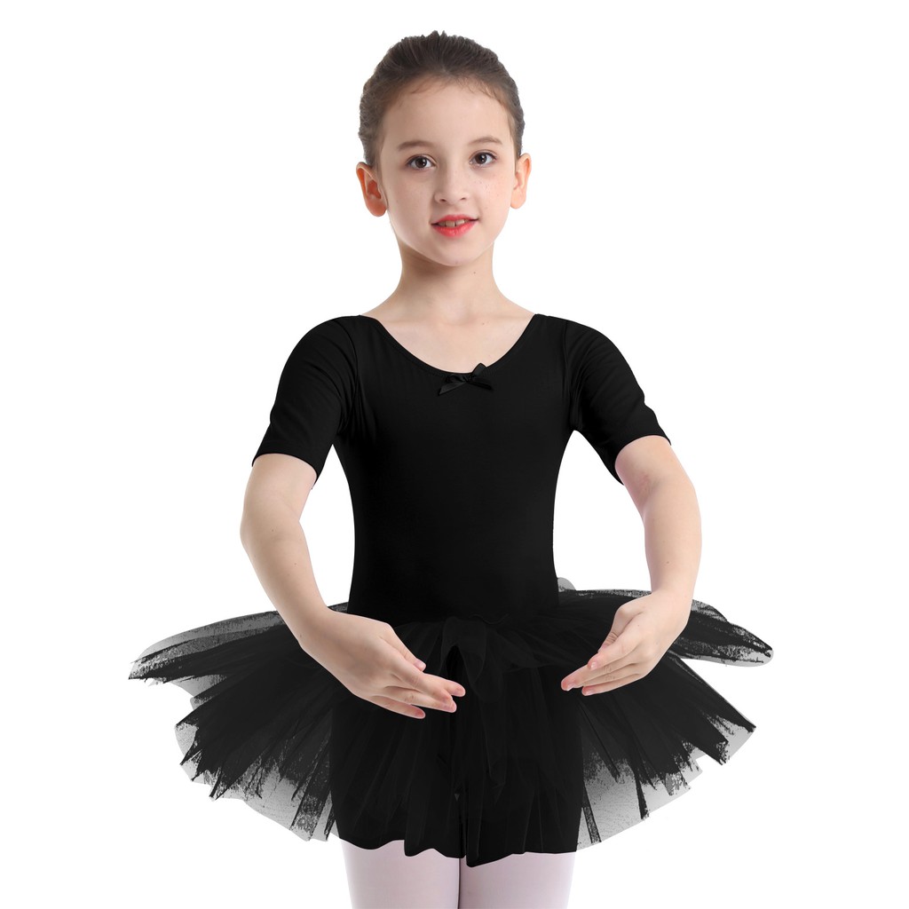 Arshiner Kids Girls Short Sleeved Ballet Dance Leotard Cross Back Design Skirt Dress 