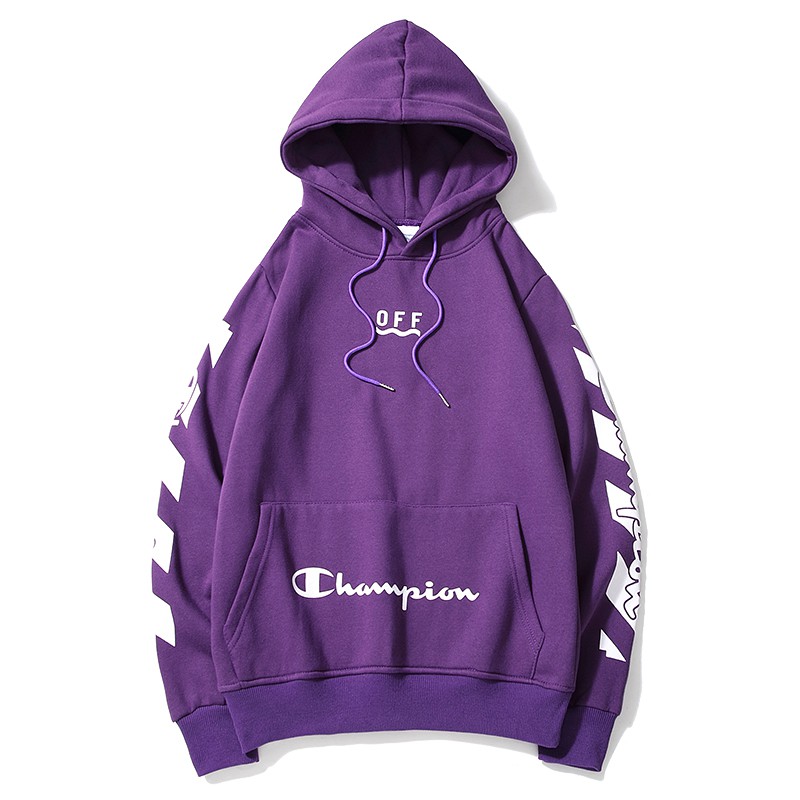 purple off white champion hoodie