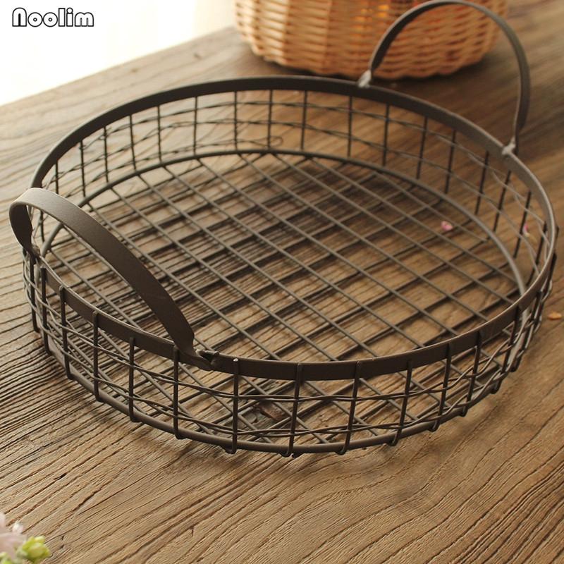 Metal Storage Basket with Handles Iron Nordic Bread Fruit Round Basket