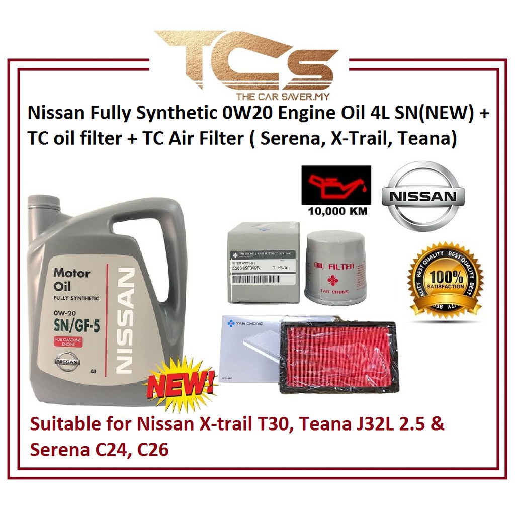 Nissan Fully Syn 0W20 Engine Oil 4L SN+ TC oil & Air Filter(Serena,Xtrail,Teana)