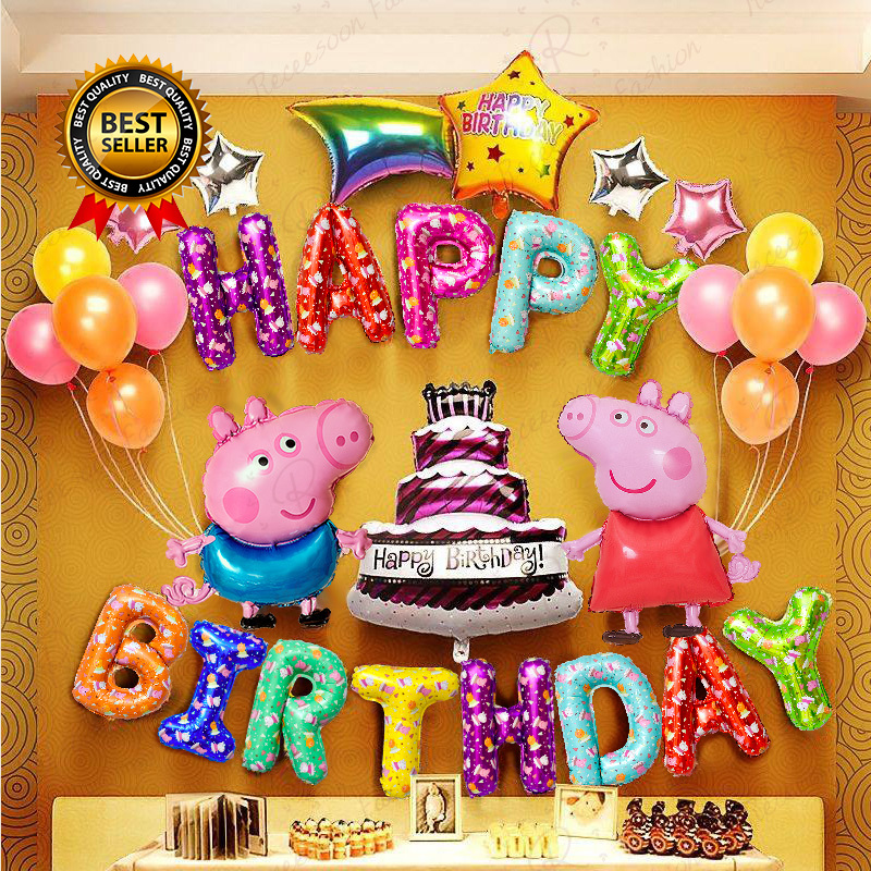 Peppa Pig Color Happy Birthday Letter Hello Kitty Balloons Baby Shower Party  Background Wall Decoration Supplies | Shopee Malaysia