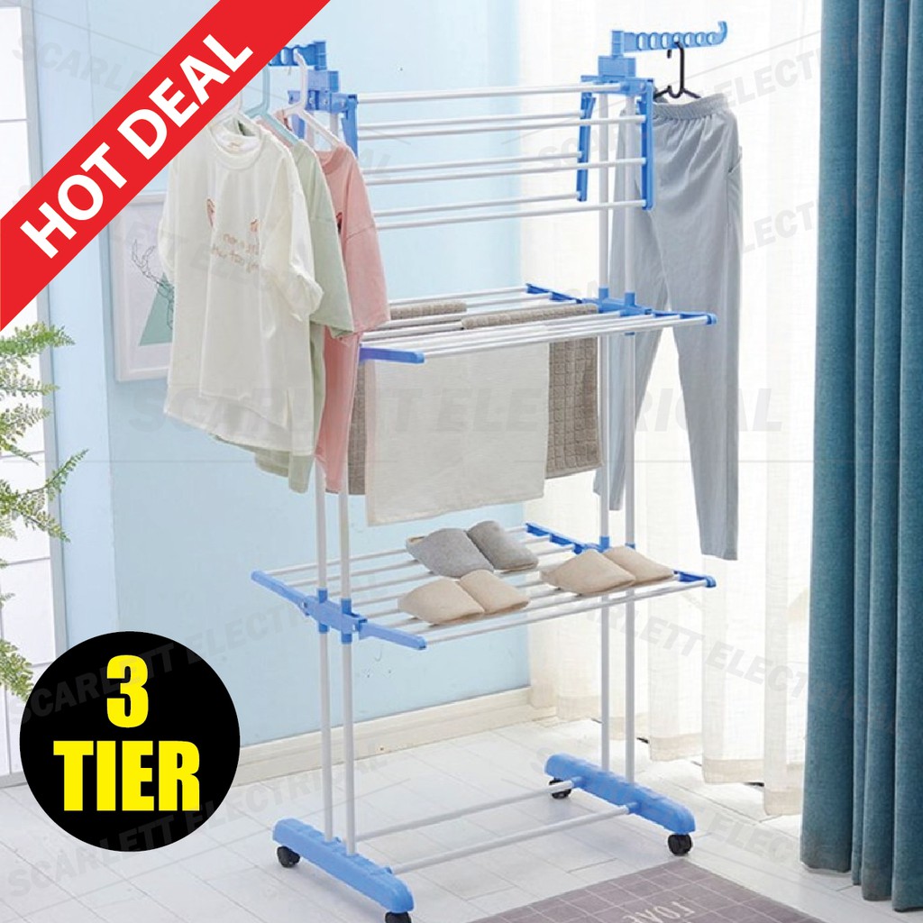 3 Layer Steel Stand Foldable Drying Rack Clothes Laundry Wheels Hanger ...