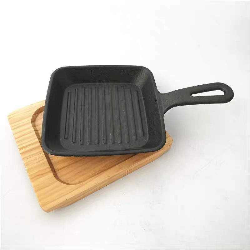 Cast Iron Square Stripe Frying Pan Steak Pan Grill Pan with Wooden