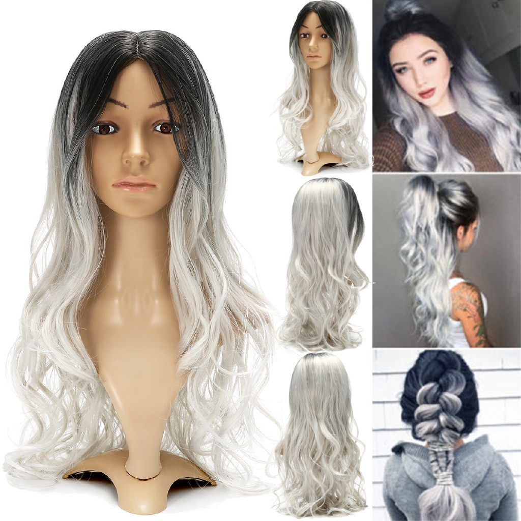 Women Long Silver Gray Curly Hair Wig Heat Resistant Synthetic