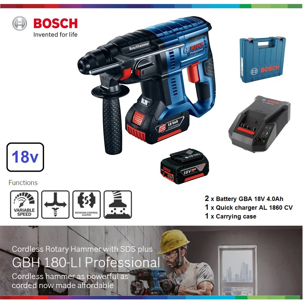 Bosch Gbh 180 Li Rotary Hammer With 2 X 4 0ah Battery Jack