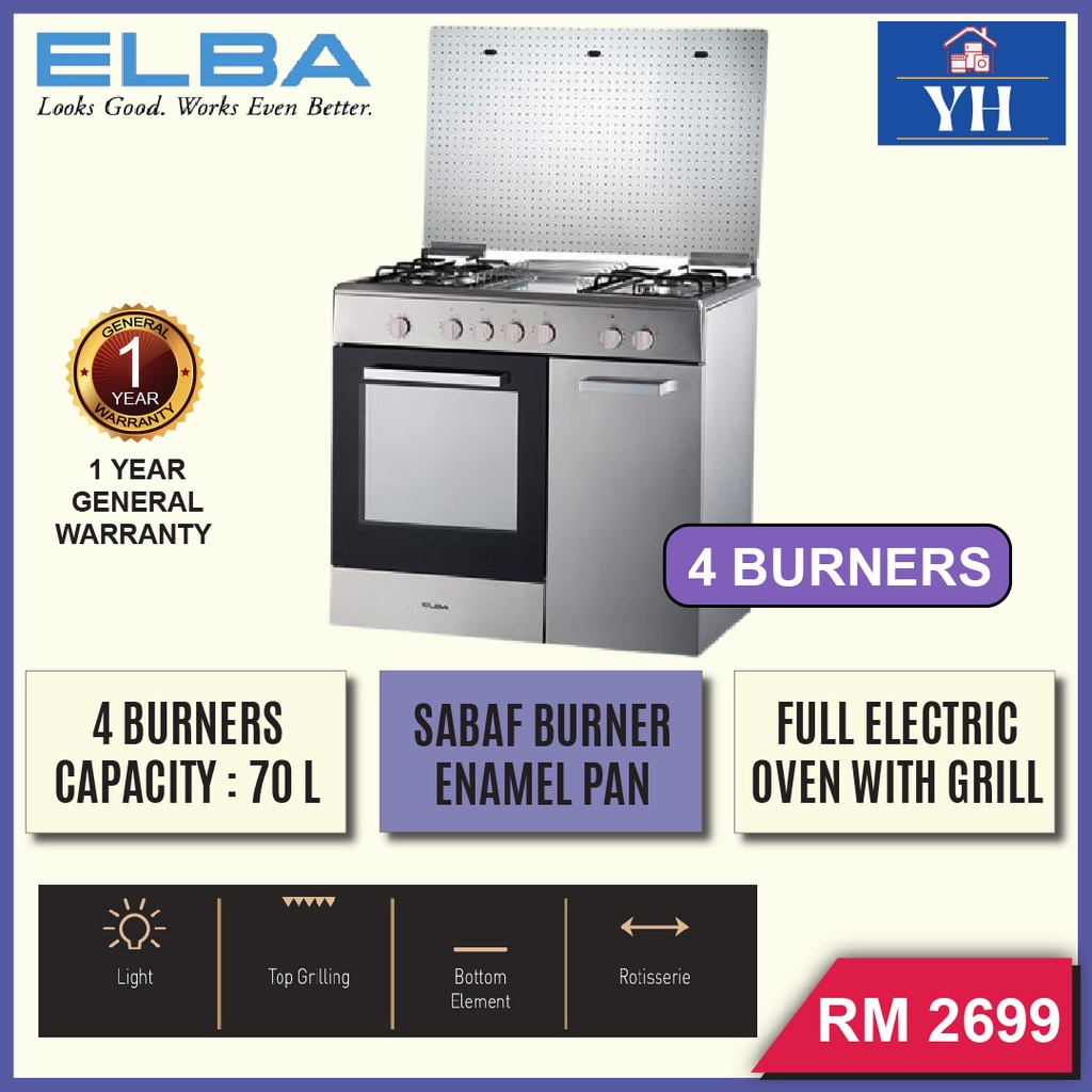 Elba EGCC9784E 4 SABAF Burners 70L Electric Oven Stainless Steel Free Standing Gas Cooker with