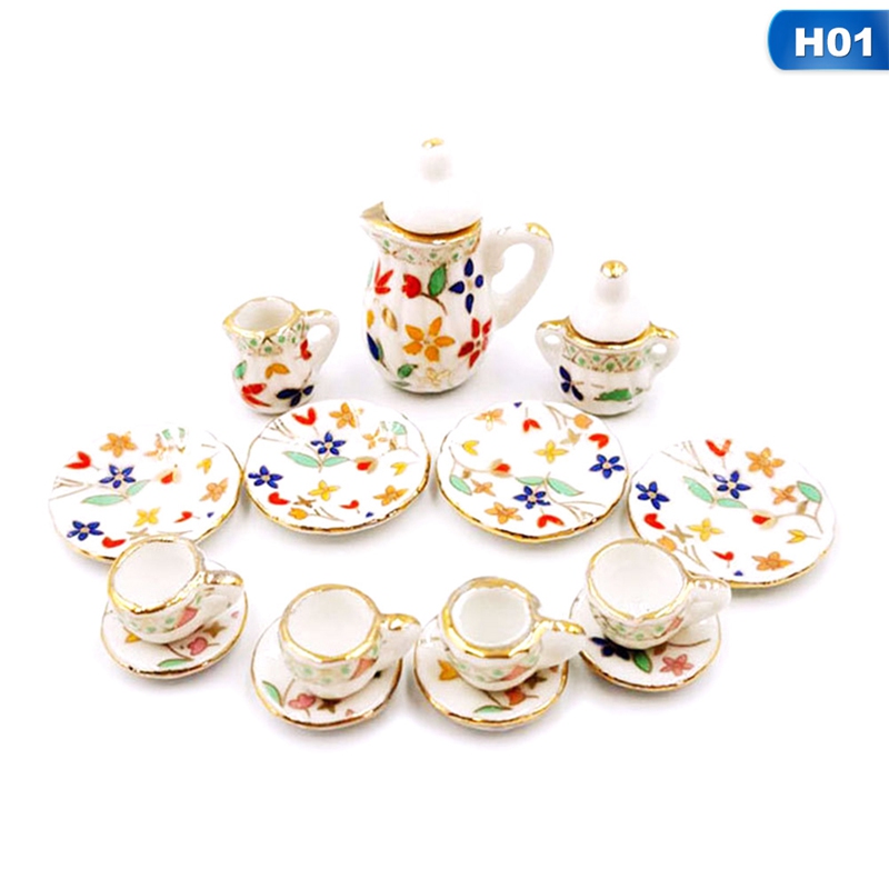 1:12 Dollhouse Miniature 15pcs Dining Ware Daisy Porcelain Tea Coffee Set 