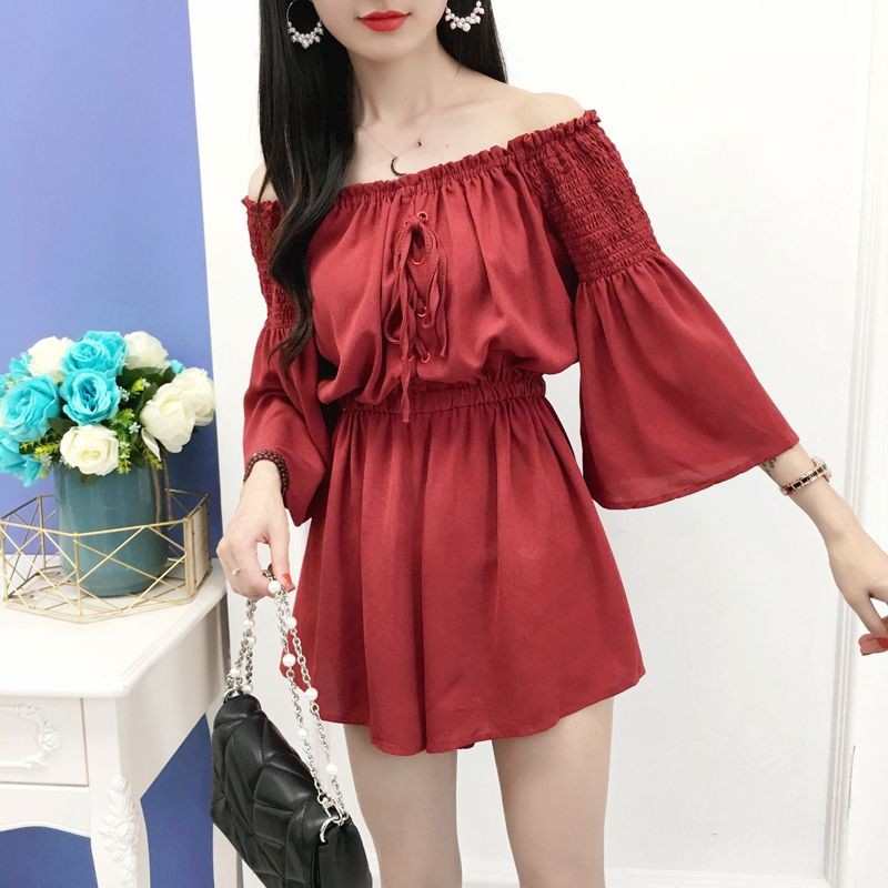 One-line neck strapless flared sleeves strap high waist wide leg jumpsuit women 夏季一字领露肩喇叭袖绑带高腰阔腿连体裤女