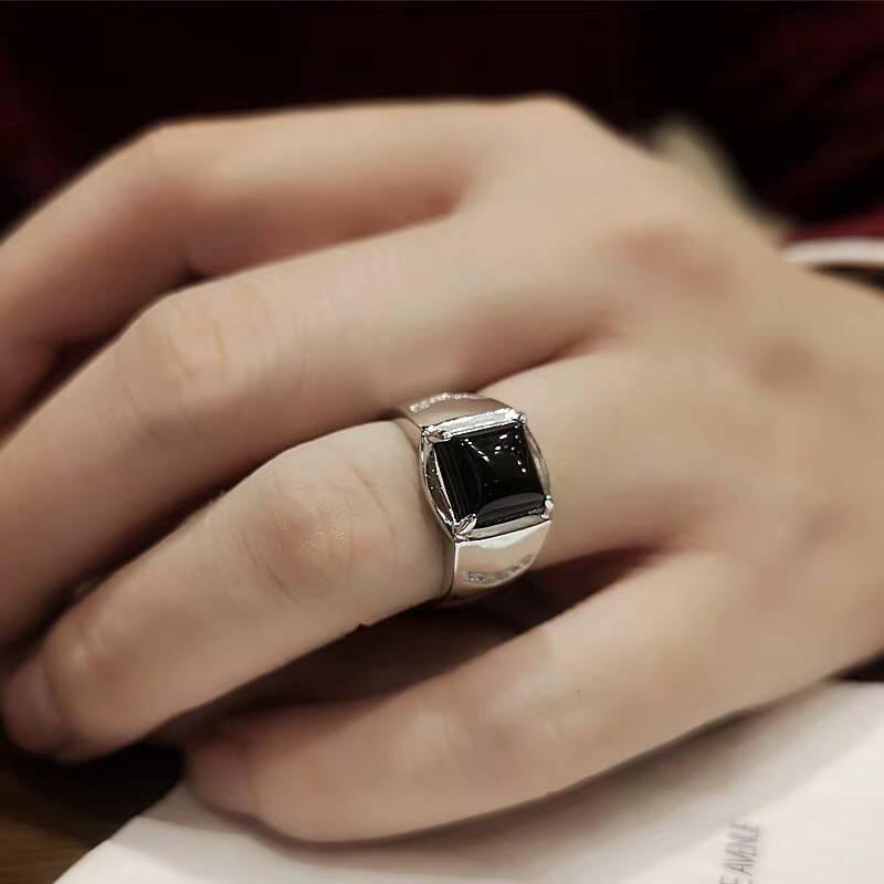 Men Vintage Black Onyx Open Ring / Punk Classic Imitation Black Stones Finger Ring / Adjustable Agate Gemstone Square Ring / Popular Jewelry Accessories