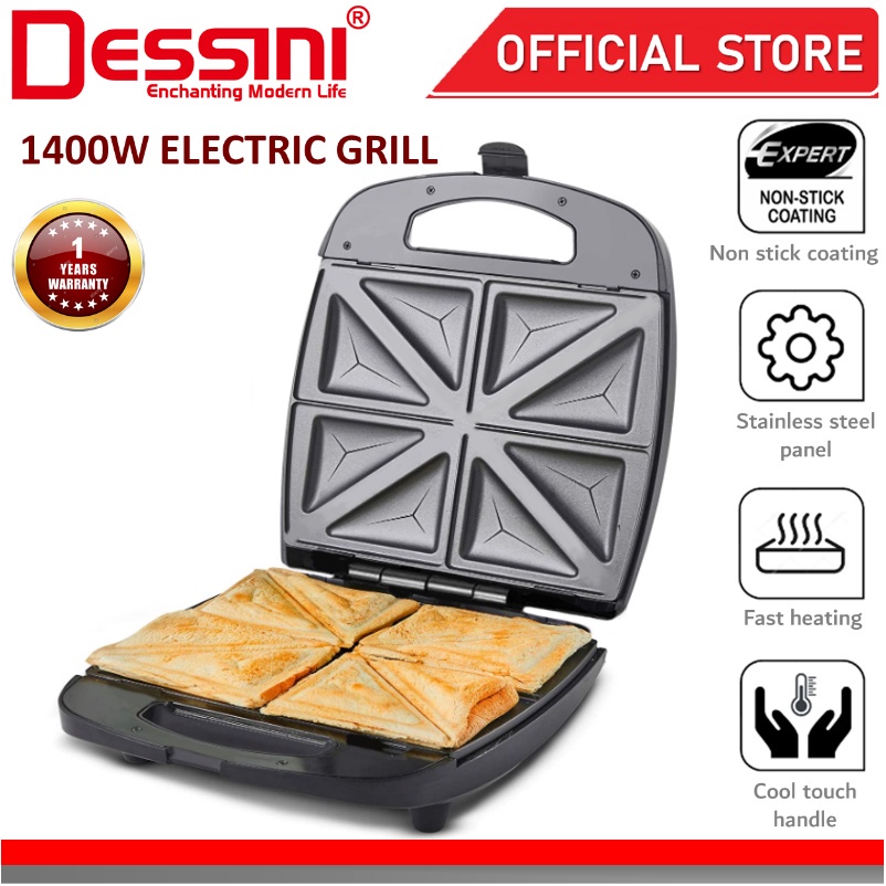 DESSINI ITALY Double Sided Electric Pizza Panini Waffle Sandwich Maker Toaster Barbecue BBQ Grill Non-Stick Baking Pan