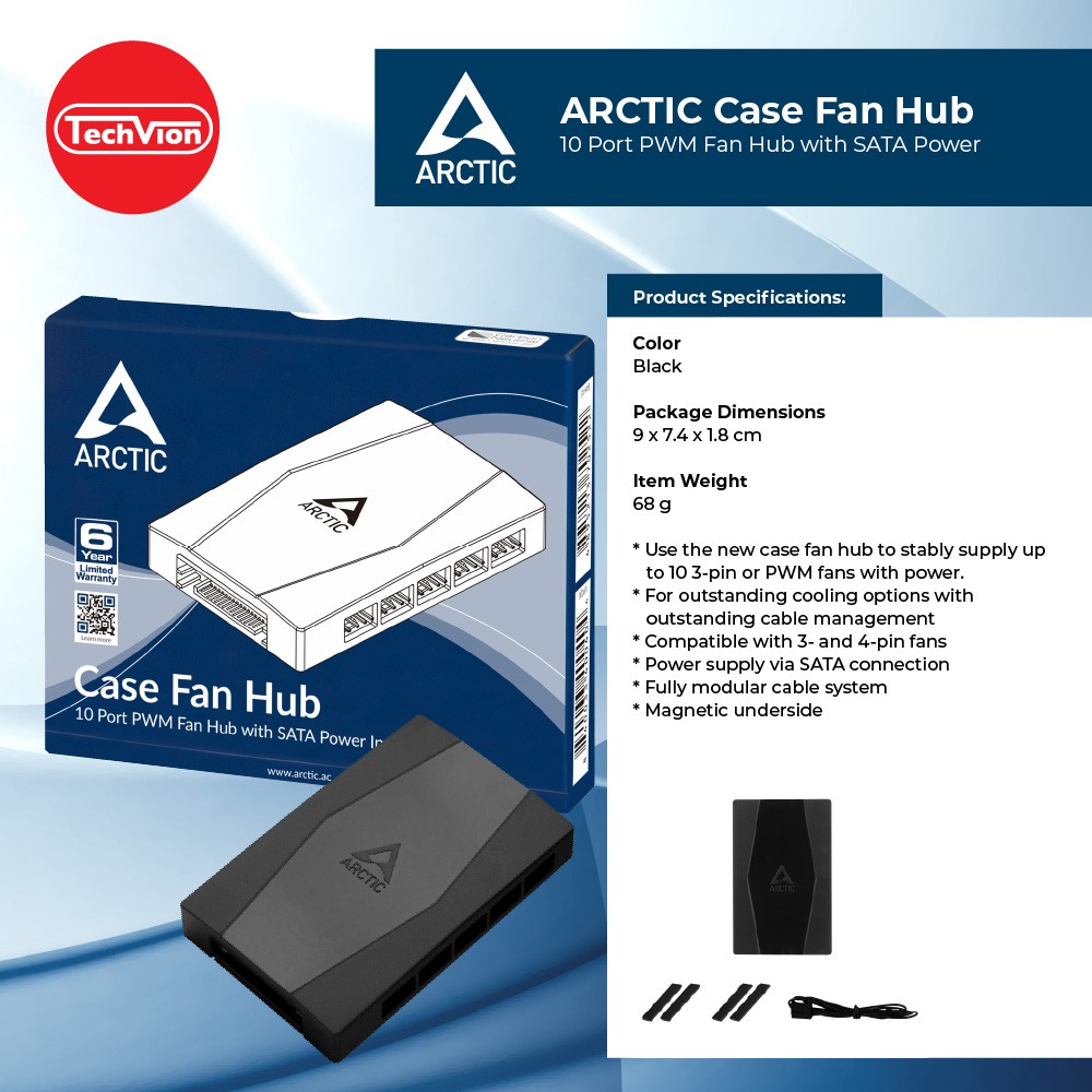 ARCTIC Case Fan Hub 10fold PWM Fan Distributor with SATA Power 6