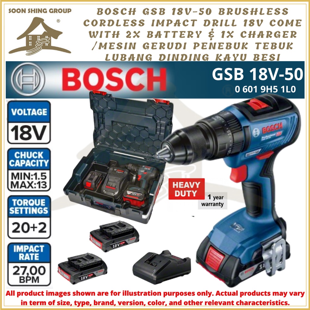 BOSCH GSB 18V-50 BRUSHLESS CORDLESS IMPACT DRILL 2x BATTERY 1x CHARGER ...