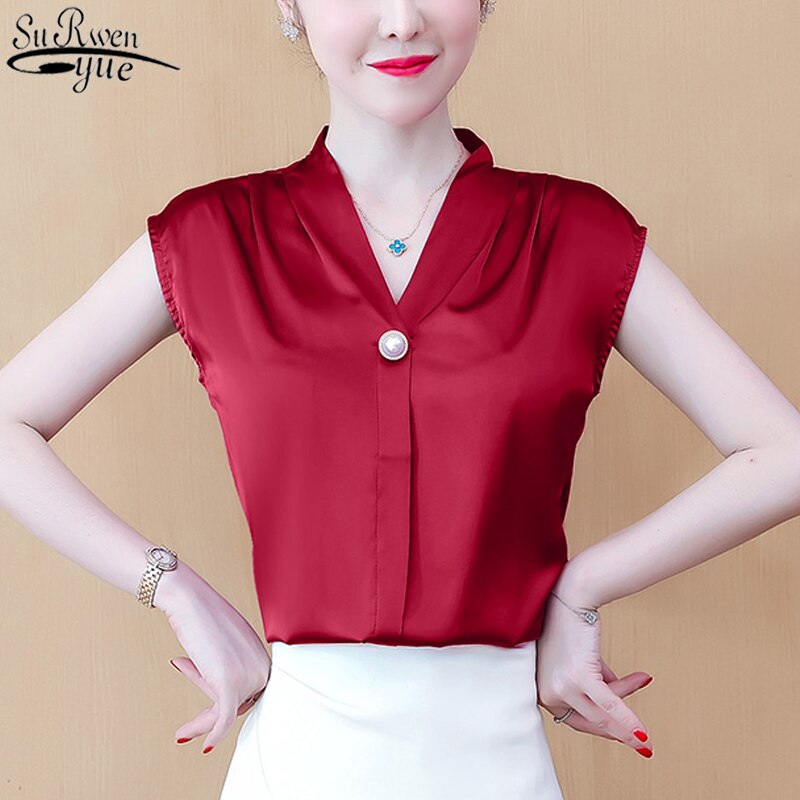 red satin blouse short sleeve