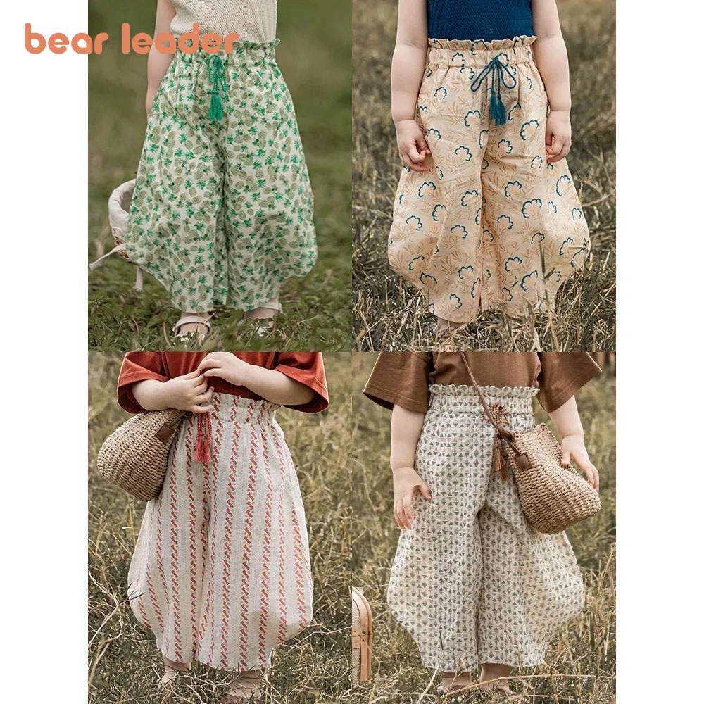 Bear Leader Girls' Woven Pants 2022 Summer Loose Retro Broken Bouquet Leg Pants Baby Cute Fungus Lace Trousers AX2292