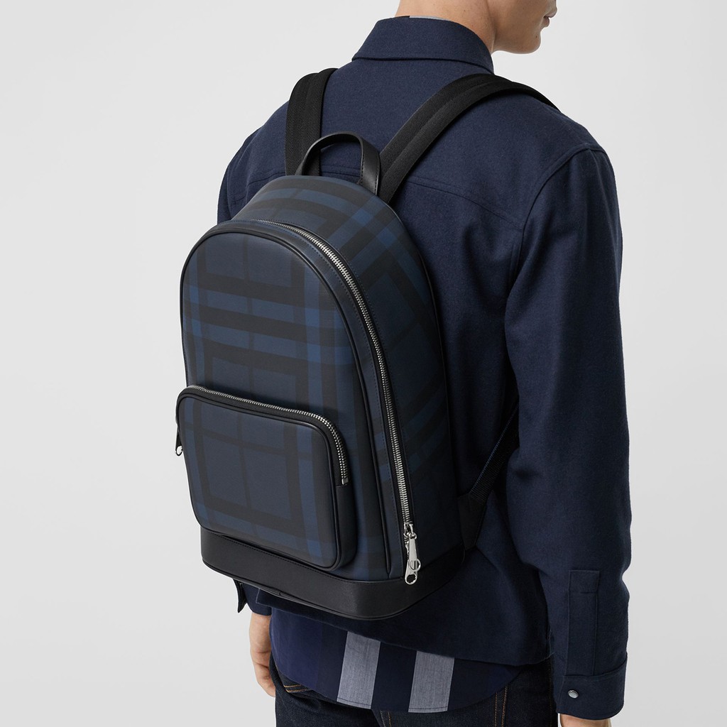 london check and leather backpack