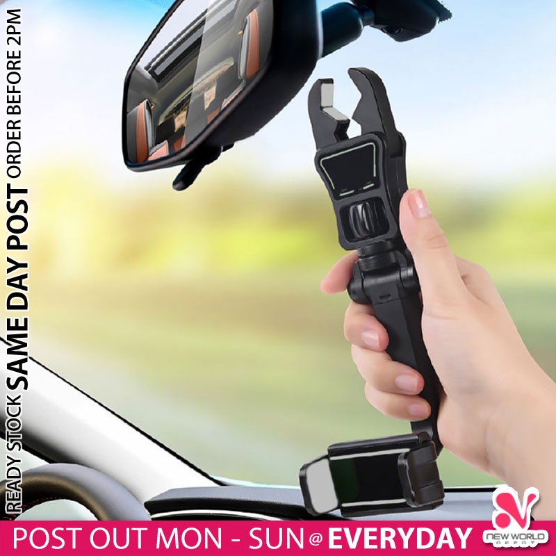 《 》360 Degree Rotatable Rearview Mirror Phone Holder GPS Dashcam Recorder Car Mount Pemegang Telefon kereta