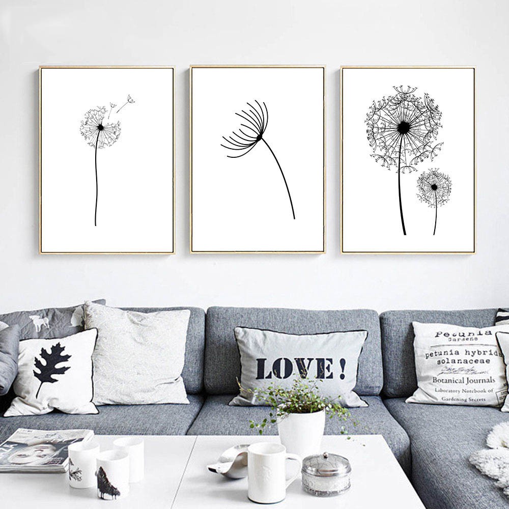 Wall Art Canvas Poster Black White Minimalist Print Painting Dandelion Flower Landscape Picture For Living Room Decor