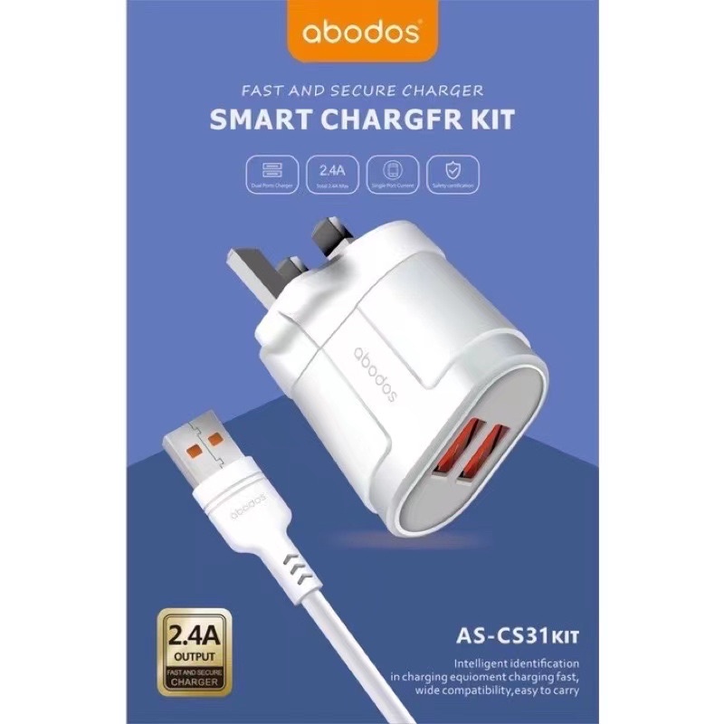 ABODOS AS-CS31 Smart Charger Kit Fast and Secure Charger Dual USB Port Over Current Protection TYPE C Micro