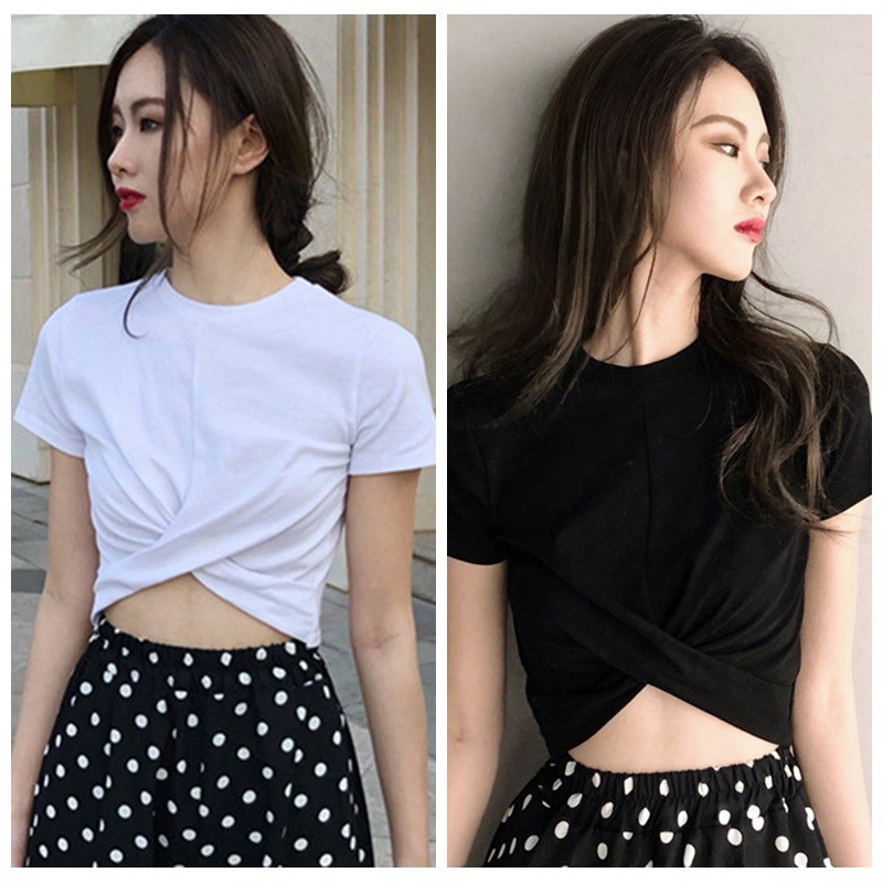 Yeswomen Sexy Navel Exposed Cross Solid Color Short T Shirt Korean