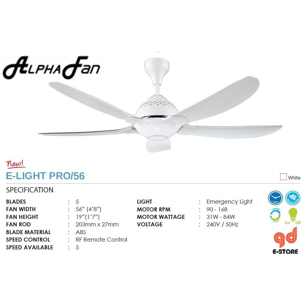 Alpha E Light Pro 56 Ceiling Fan With 5 Blades 5 Speed Remote Wht