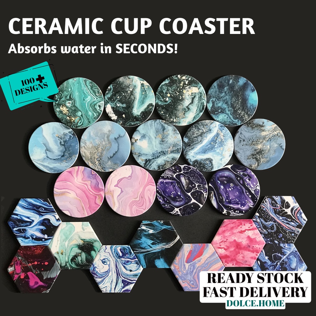 [CLEARANCE SALE] Abstract Ceramic Water Absorbent Cup Coaster (Heat Resistant/Anti-slip/Round/Hexagon/Marble/Pink/Green)