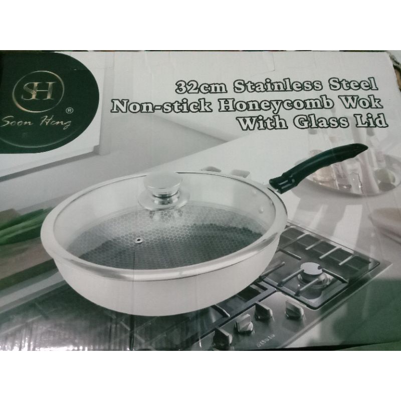 32cm Stainless Steel Non Stick Wok with Glass Lid Wok Kuali