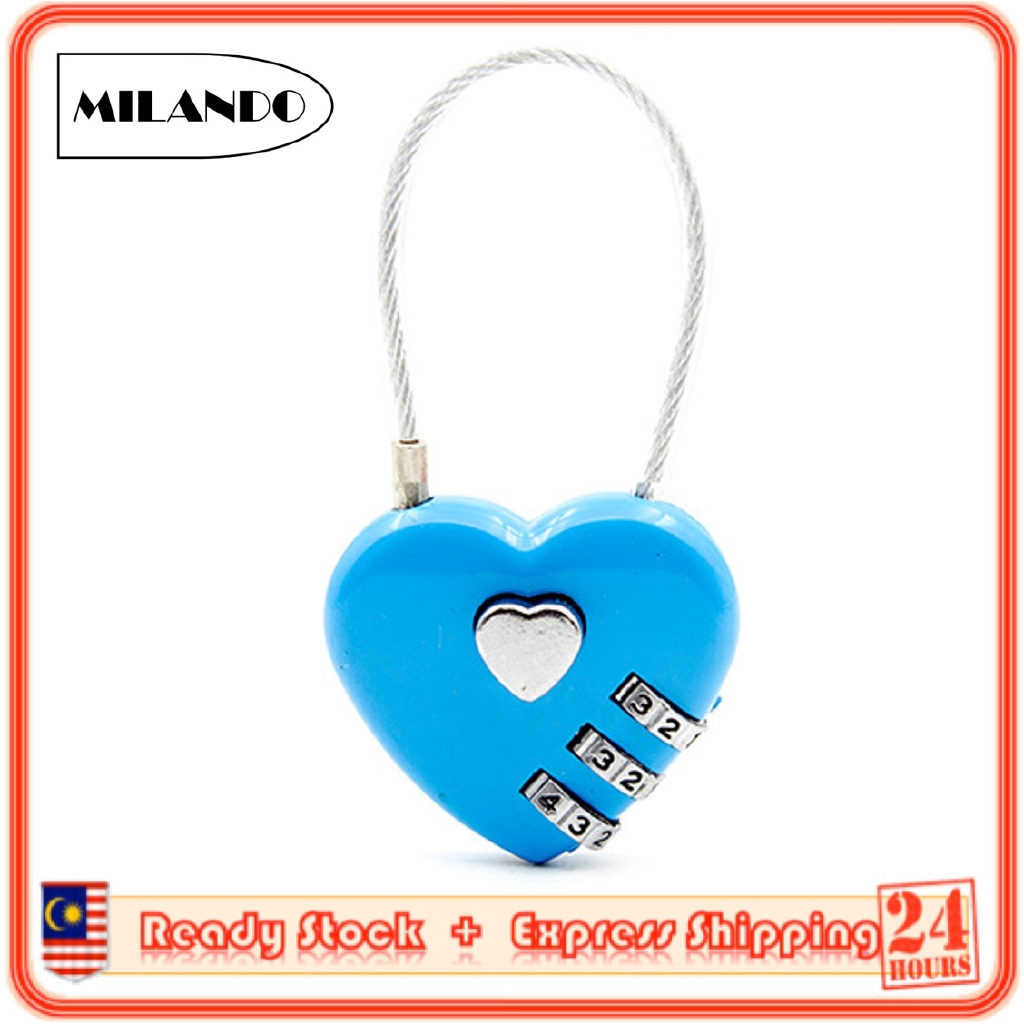 (3-Digit) MILANDO Travel Lock Combination Luggage Lock Love Heart Shape Gym Suitcase Locker Lock (Type 4)