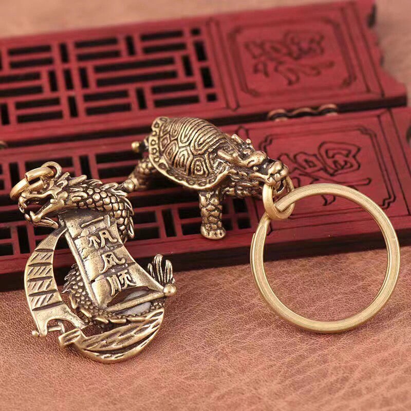 ☸Pure copper retro dragon tortoise five emperor money keychain to ward ...
