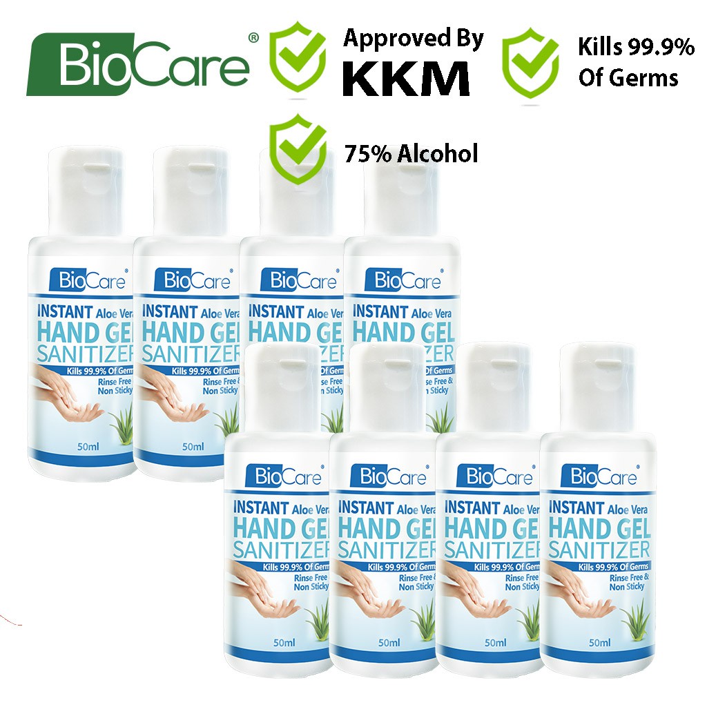 Ready Stock 8 X 50ml Biocare Instant Hand Sanitizer Sanitiser Gel With Aloe Vera 75 Alcohol Shopee Malaysia