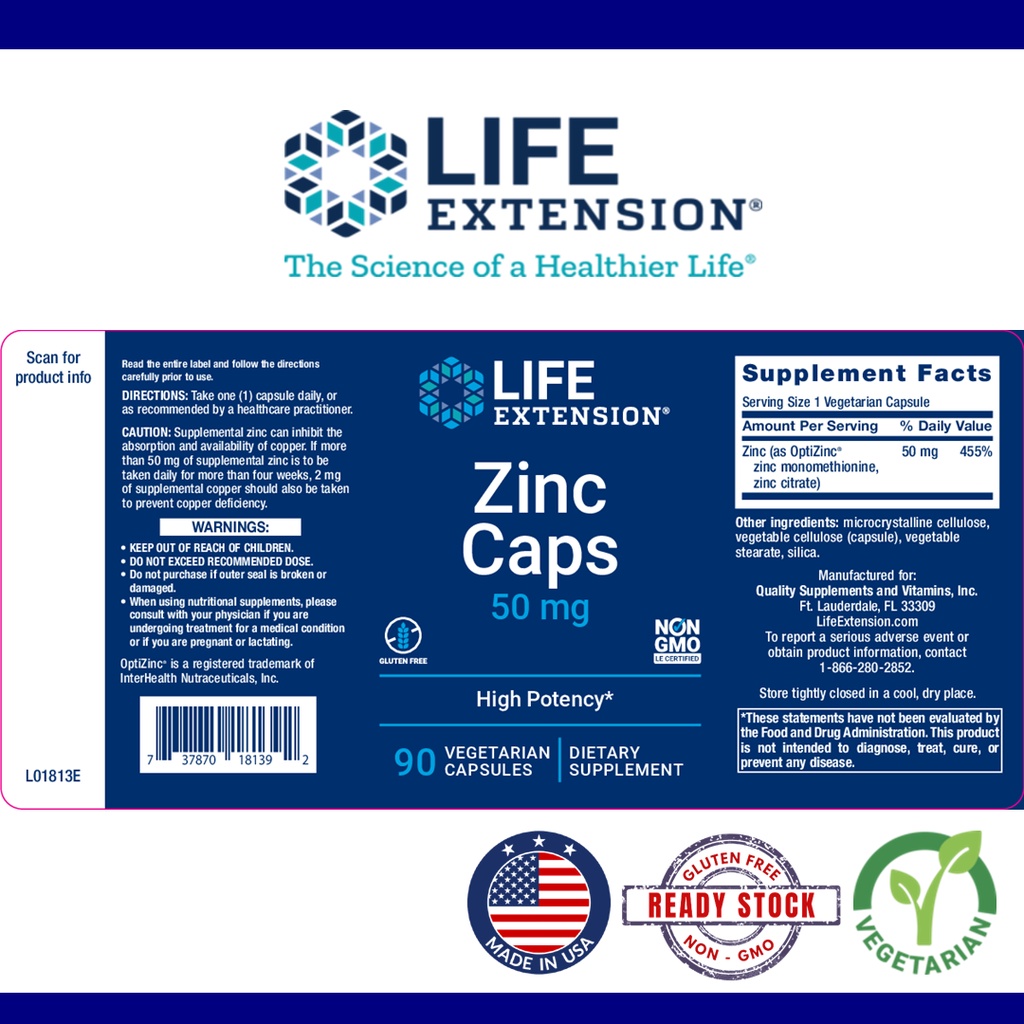 Life Extension] Zinc Caps, High Potency, 50mg, 90 capsules | Shopee Malaysia