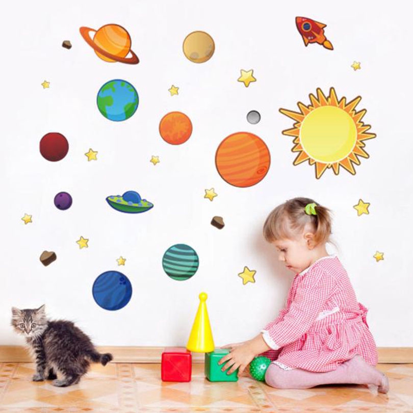 Diy Children S Bedroom Decoration Solar System Planet Moon Cartoon Removable Wall Stickers